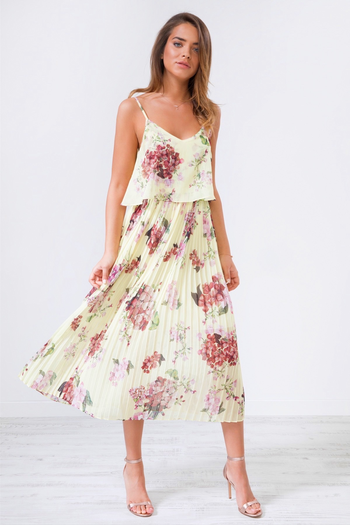 Floral Print Pleated Cami Midi Dress ...